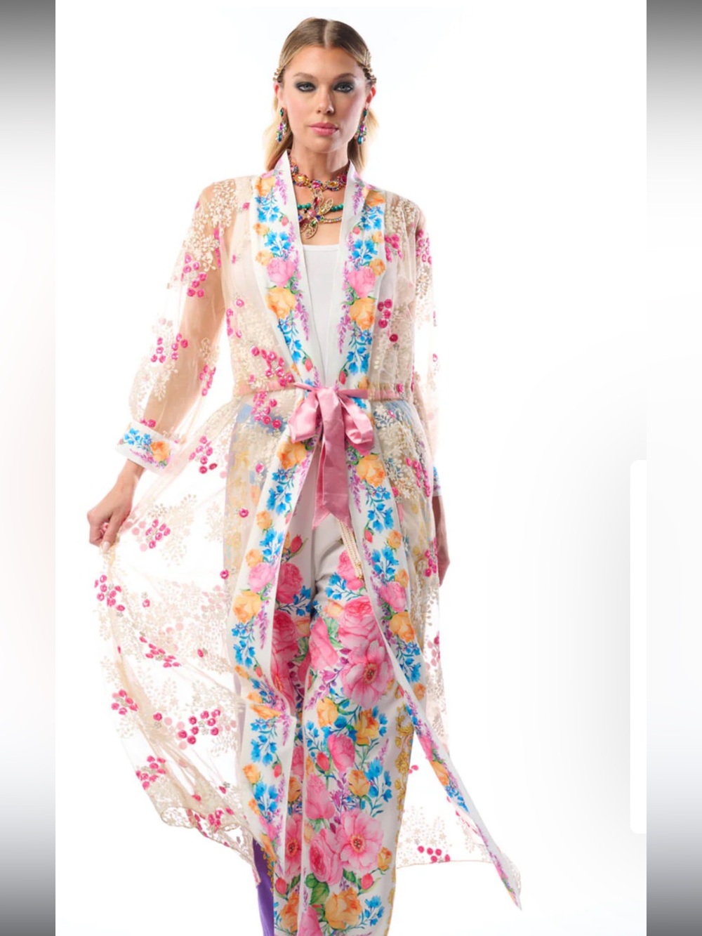 NWT Aratta Silent Journey Blossom DusterEmbroidered with Fuchsia and Blue